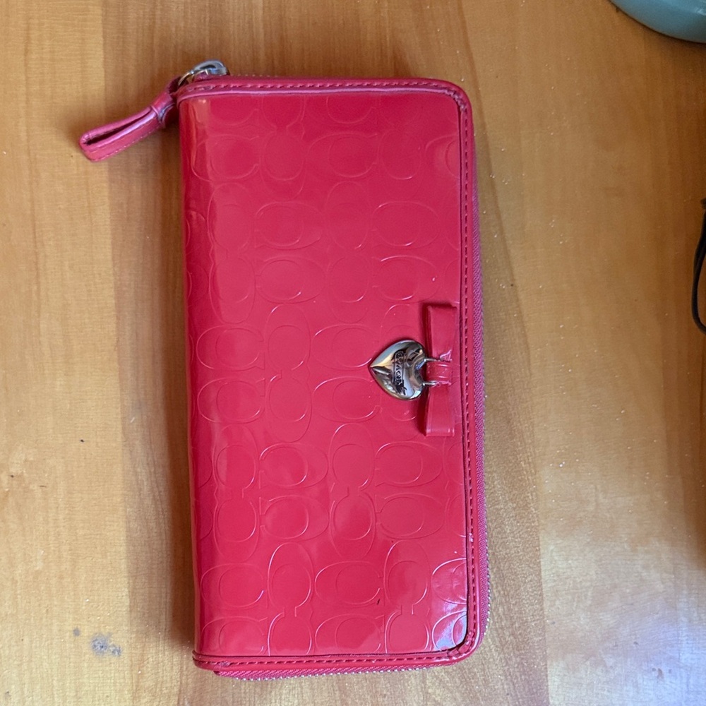 Coach Bow Red-Orange Zip-Around Wallet
